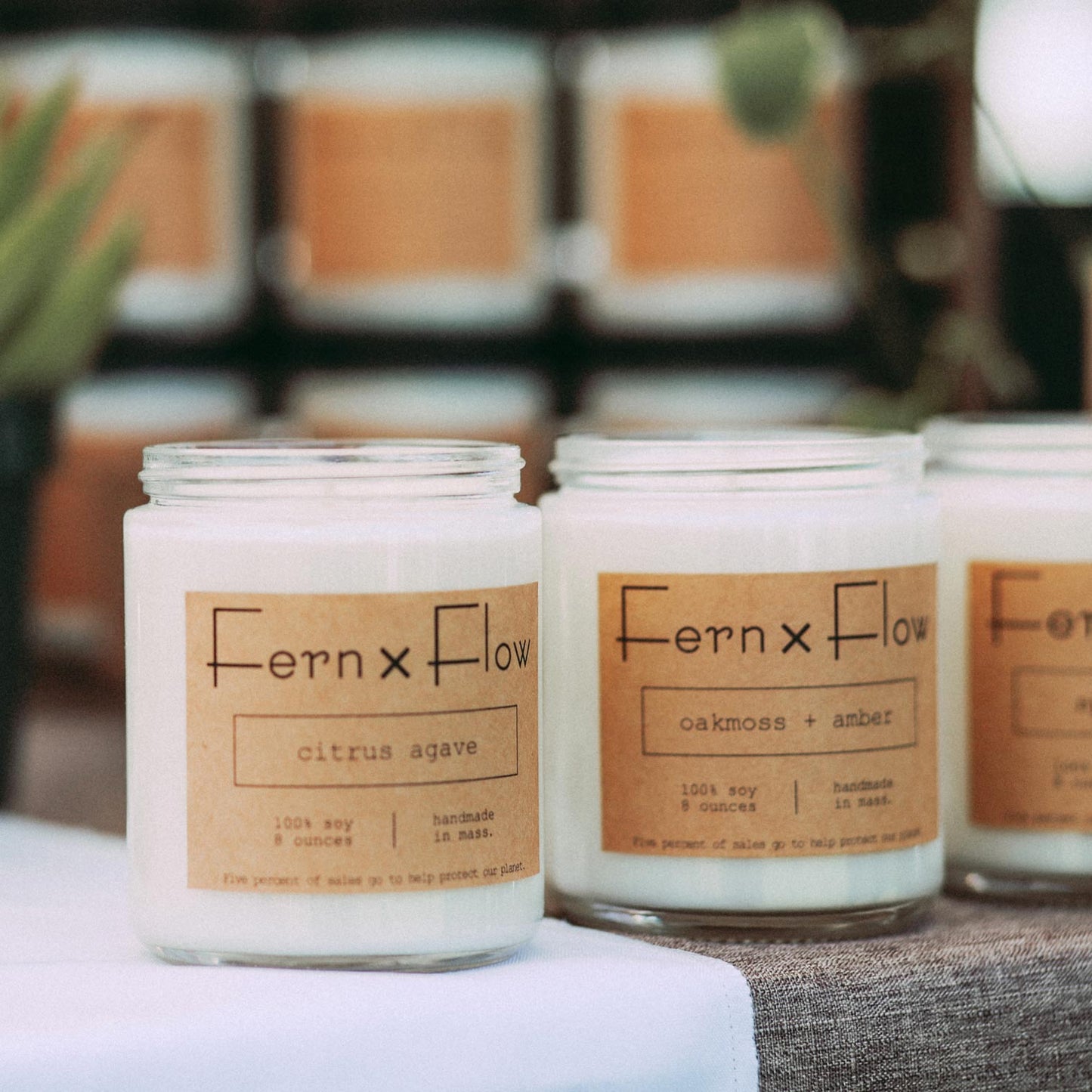 Fern x Flow Signature Soy Candle Collection, premium, hand-poured soy candles on a market display.