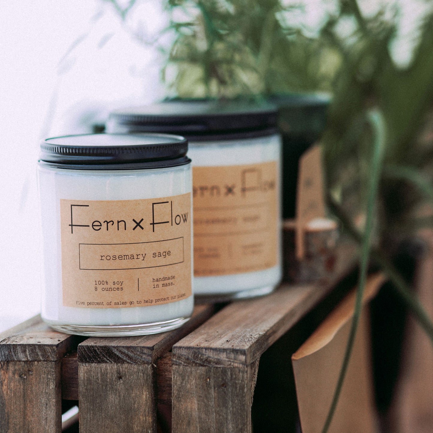 Fern x Flow spring soy candles, Fern x Flow Rosemary Sage soy candle on a wooden crate.
