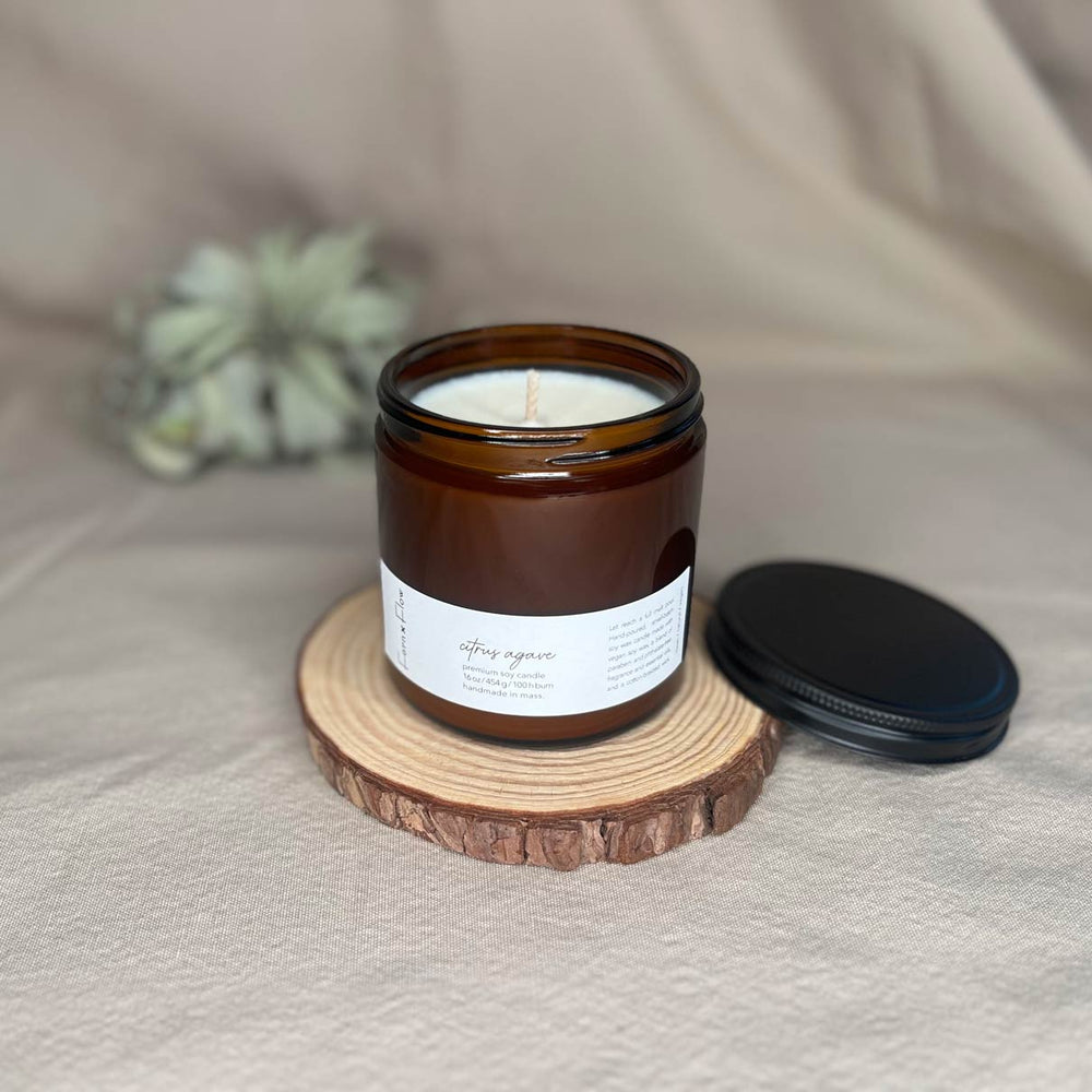 
                  
                    Sixteen-ounce Fern x Flow Citrus Agave scented soy candle in an amber-colored jar with the black matte lid off and resting on the right side, with a large air plant out-of-focus in the background.
                  
                