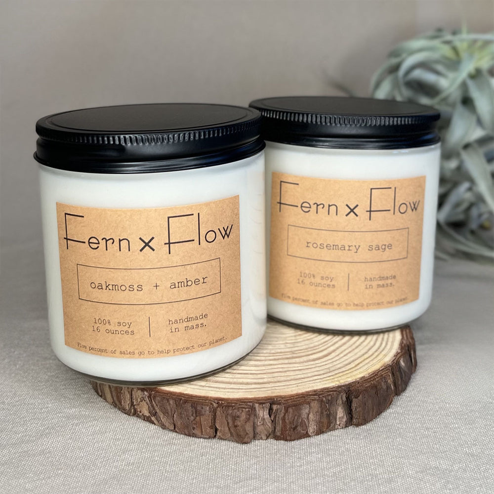 Fern x Flow 16oz Earthy Essentials vegan soy candle bundle and gift set featuring Oakmoss + Amber and Rosemary Sage scented soy candles.