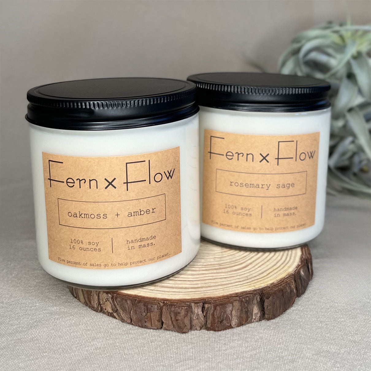 
                  
                    Fern x Flow 16oz Earthy Essentials vegan soy candle bundle and gift set featuring Oakmoss + Amber and Rosemary Sage scented soy candles.
                  
                