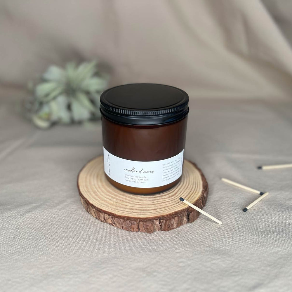 
                  
                    Sixteen-ounce Fern x Flow Woodland Acres scented soy candle in an amber-colored jar with black-tipped safety matches on the right side, with a large air plant out-of-focus in the background.
                  
                