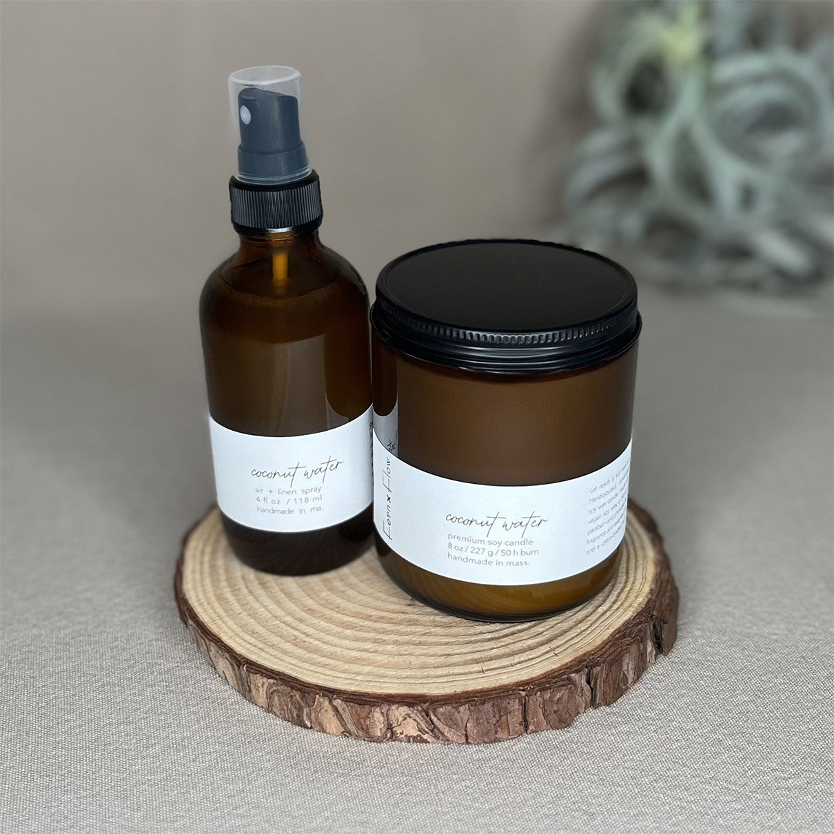 Fern x Flow Coconut Water soy candle and air + linen spray fragrance bundle on a wooden rise in front of a large out-of-focus air plant in the background.