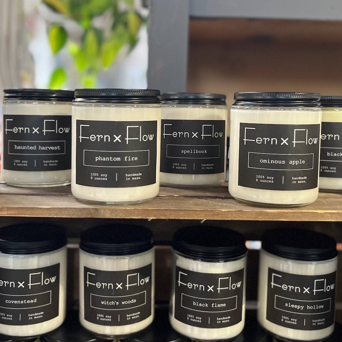 Fern x Flow Halloween soy candle collection featuring eight Halloween-inspired candles on a rustic wooden display crate.