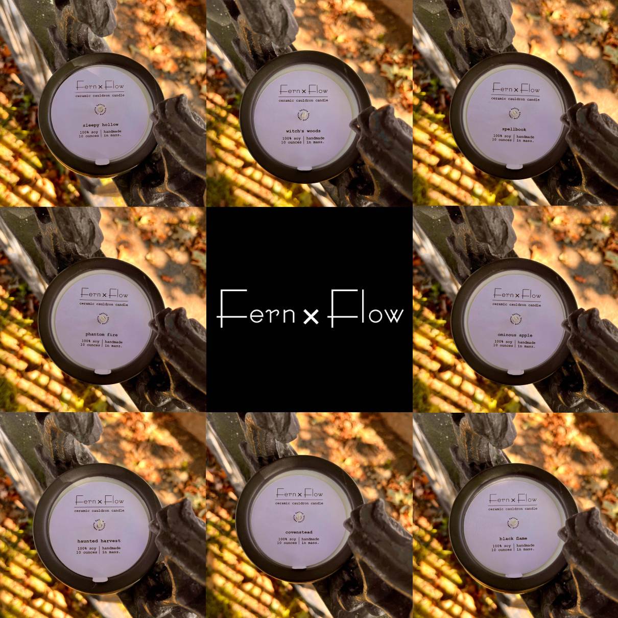Fern x Flow Halloween soy cauldron candle bundle featuring all eight Halloween scents in ceramic cauldrons photographed on the black wrought-iron fence at Salem common.