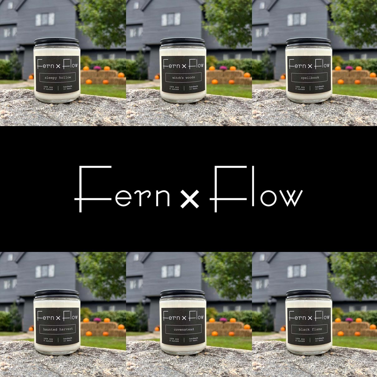 Fern x Flow Halloween Candle Collection, featuring six Halloween-inspired vegan, soy candles all in front of the Salem Witch House in Salem, Massachusetts