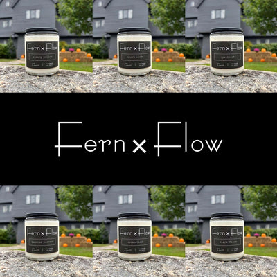 Fern x Flow Halloween Candle Collection, featuring six Halloween-inspired vegan, soy candles all in front of the Salem Witch House in Salem, Massachusetts Sleepy Hollow, Witch's Woods, Spellbook, Haunted Harvest, Covenstead, and Black Flame.