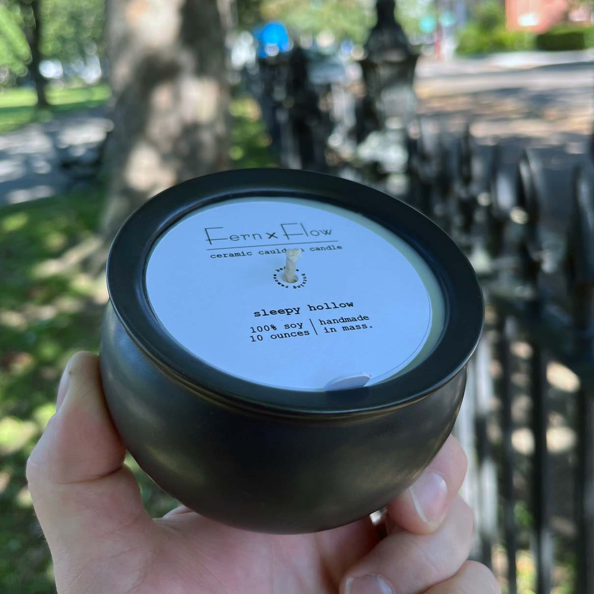 Fern x Flow hand-poured, scented, Halloween Cauldron Candle held in hand at Salem Common in Salem, MA..