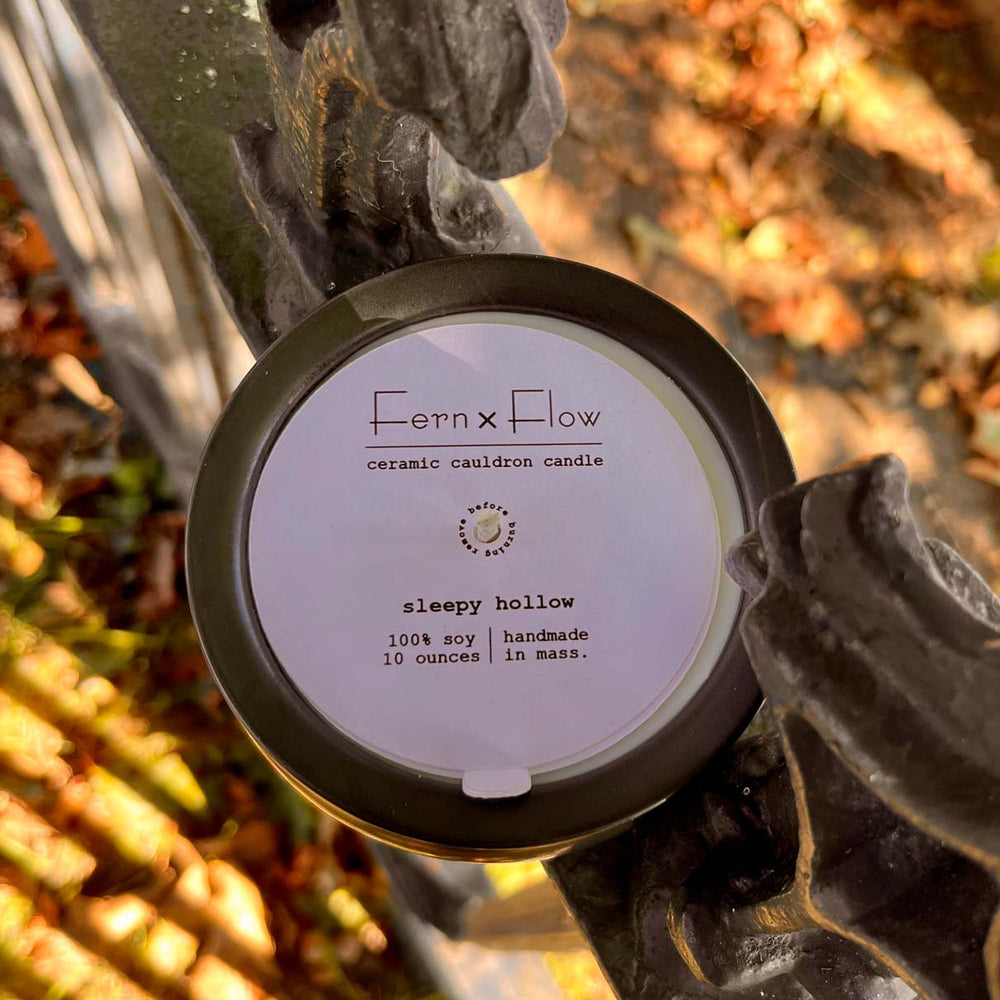 Fern x Flow Sleepy Hollow scented Halloween Cauldron Candle on old, rustic iron fence in Salem Common in Salem, MA