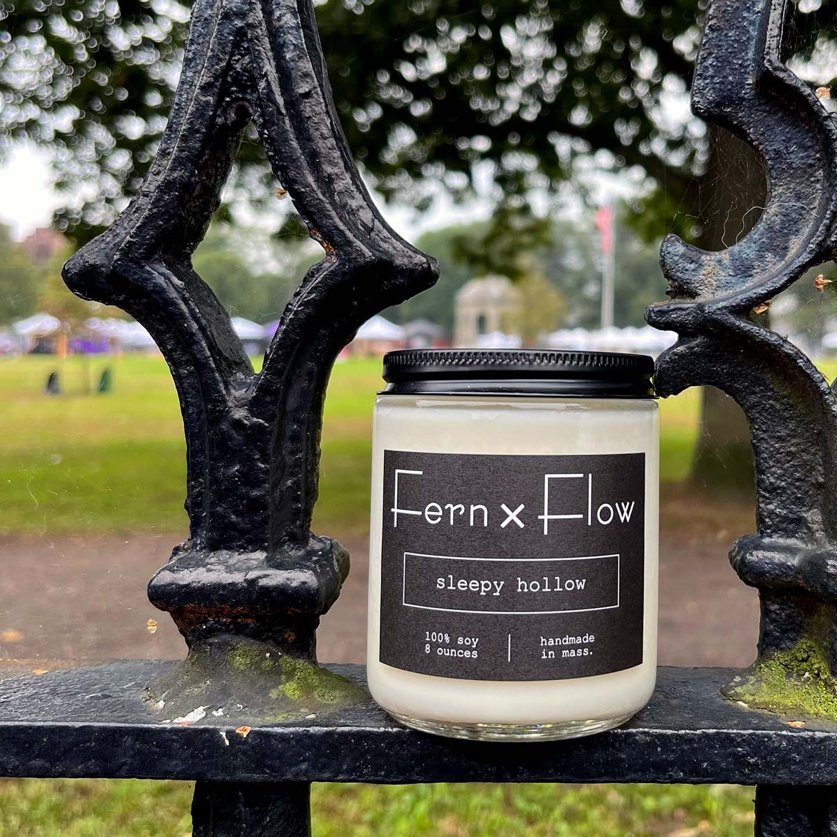 Fern x Flow Sleepy Hollow Halloween-inspired scented soy candle on iron fencing in Salem Common in Salem MA