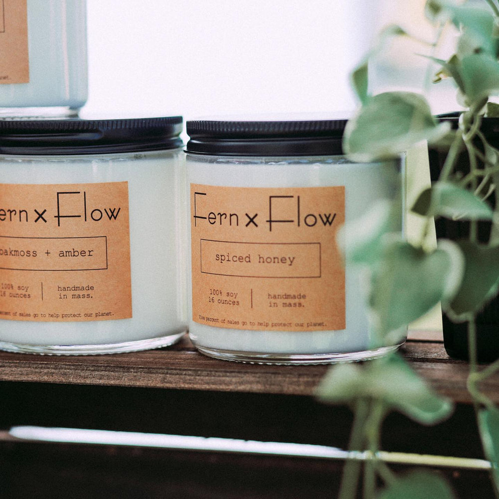 Fern x Flow 16oz Signature soy candles on display with green leaves on the edge of the right side.