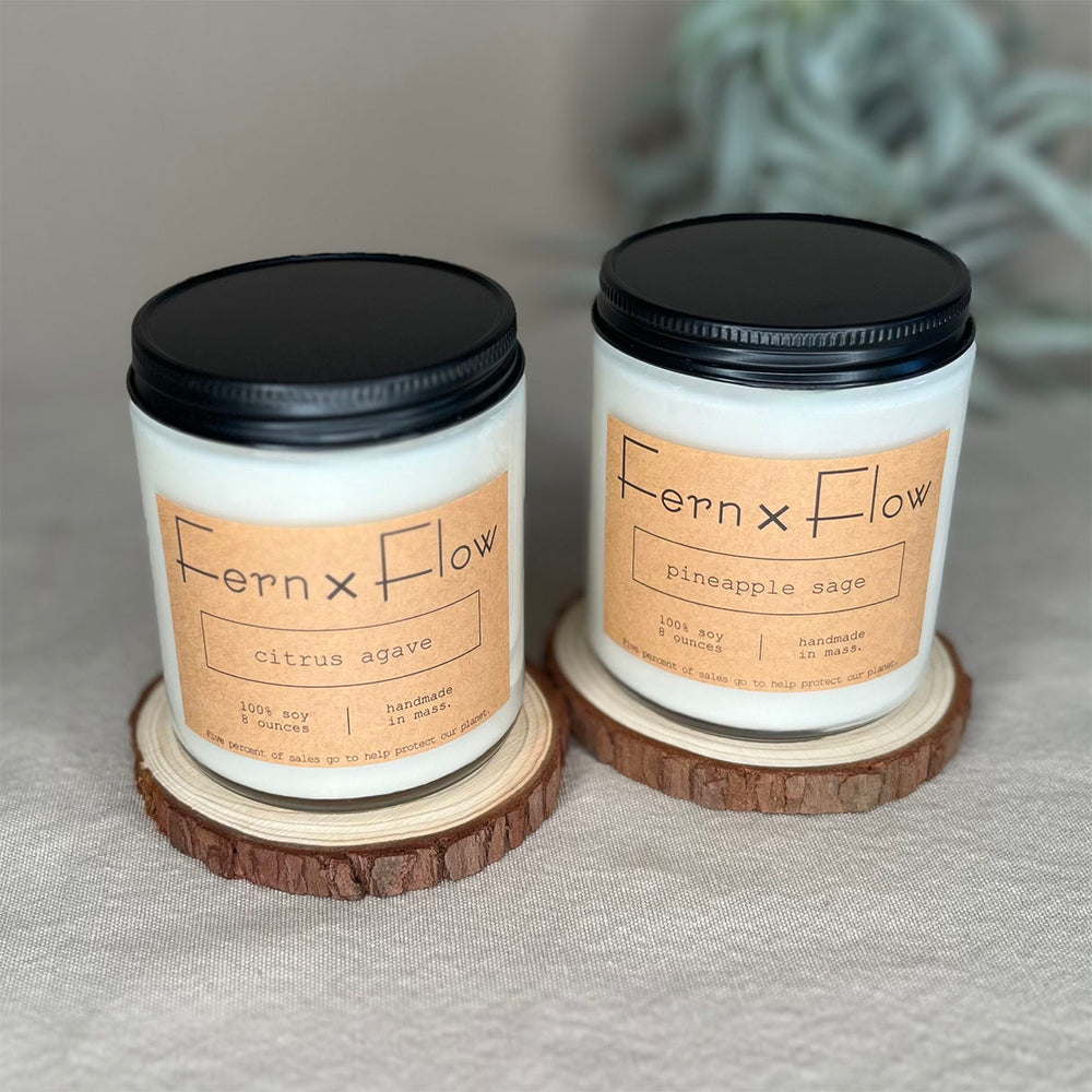 
                  
                    Fern x Flow Sweet and Citrusy vegan soy candle bundle and gift set featuring Citrus Agave and Pineapple Sage scented soy candles.
                  
                