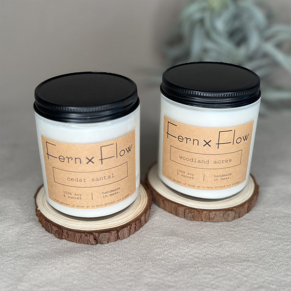 Fern x Flow Warm and Woodsy vegan soy candle bundle and gift set featuring Cedar Santal and Woodland Acres scented soy candles.