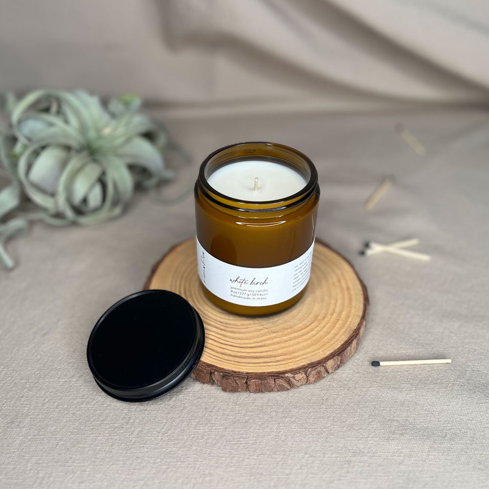 Eight-ounce Fern x Flow White Birch scented soy candle in an amber jar with a large air plant in the background and black-tipped matches against the right-side of the photo.