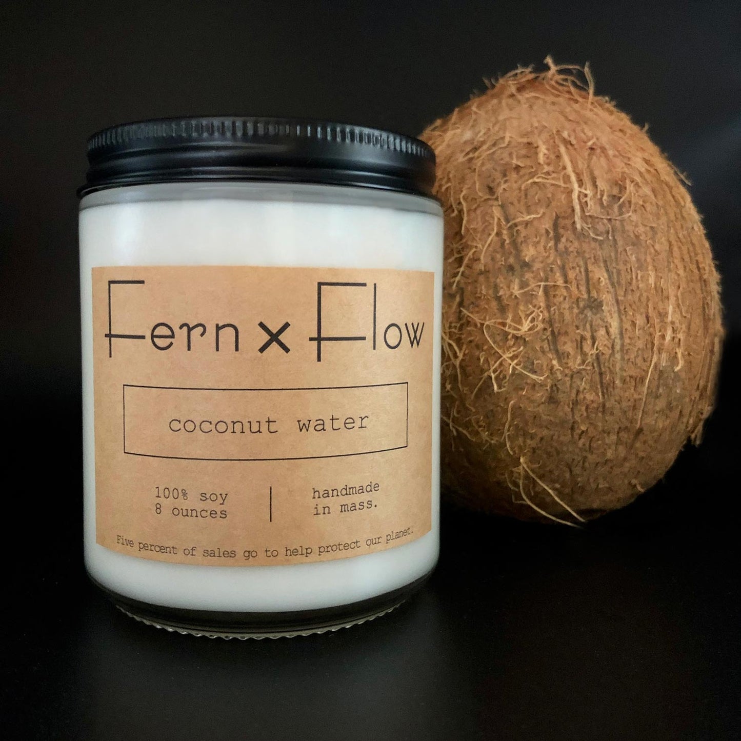 
                  
                    Eight-ounce Fern x Flow Coconut Water scented soy candle in front of a real coconut against a black background.
                  
                