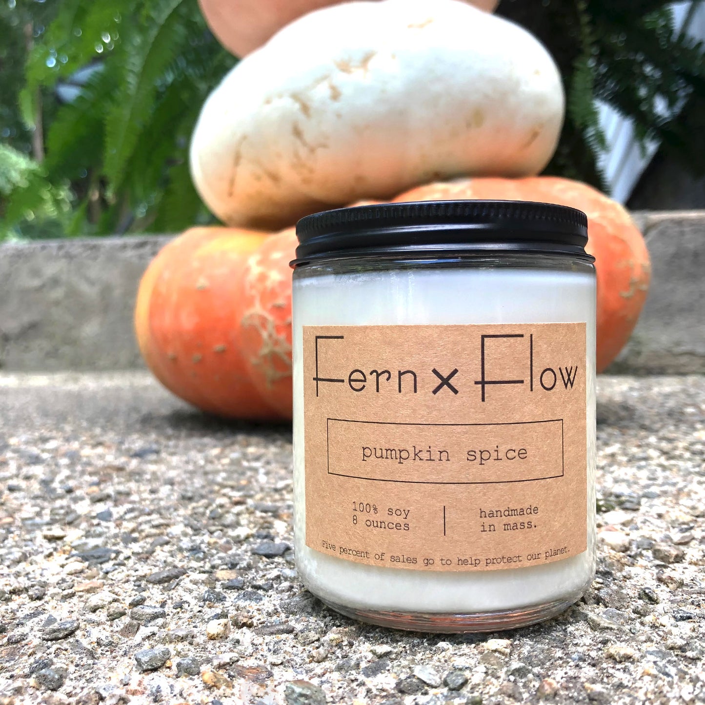 
                  
                    Fern x Flow Pumpkin Spice scented soy candle in front of three large, stacked pumpkins, with a large fern out-of-focus in the background.
                  
                